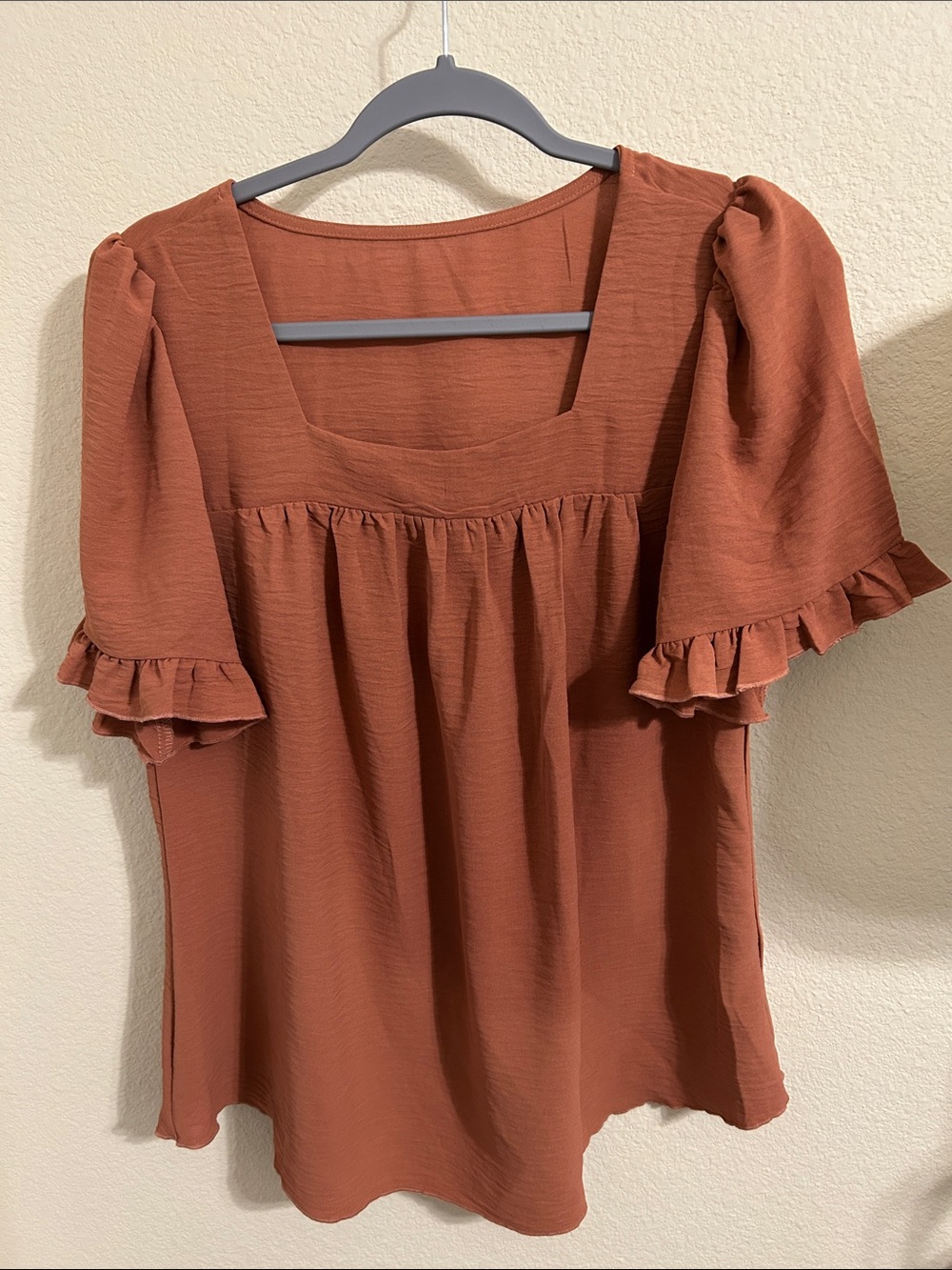 SHEIN Rust Ruffle Sleeve Square-Neck Blouse